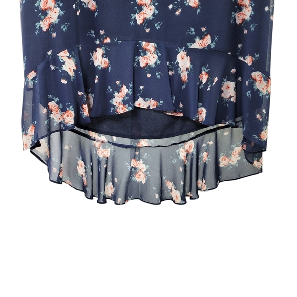 Noir Blue Floral Flutter Sleeve High Low V-Neck Shift Dress Women's Size L - Picture 3 of 6